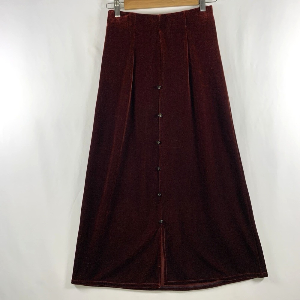 VTG Whimsigoth Velvet Button Maxi Skirt XS Crimson Red Gothic Witchy Y2K 90s